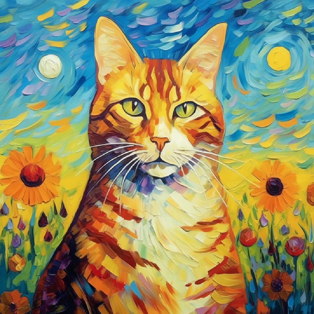 Orangefarbene Katze im Stil von Van Gogh Diamond Painting