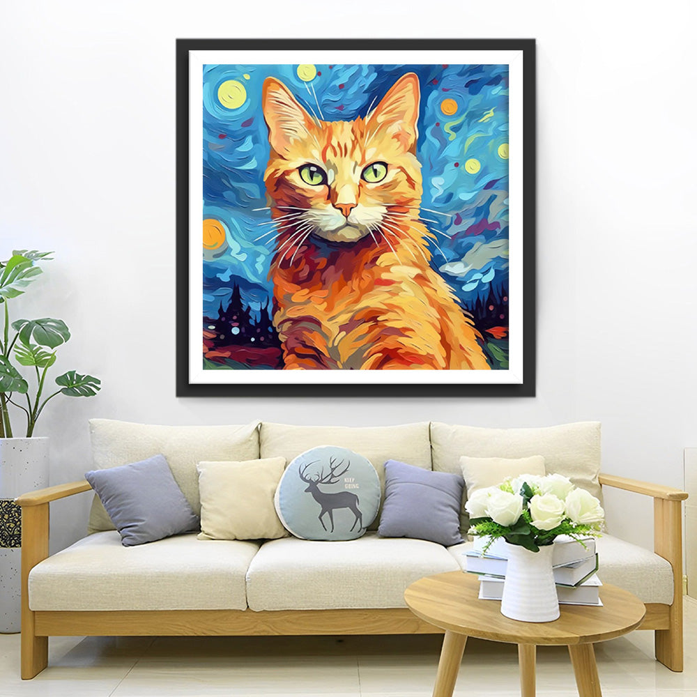 Orangefarbene Katze in der sternenklaren Nacht Diamond Painting