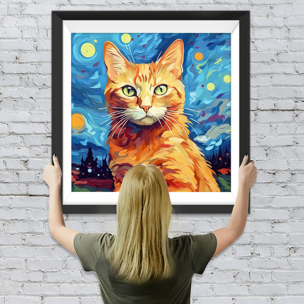 Orangefarbene Katze in der sternenklaren Nacht Diamond Painting