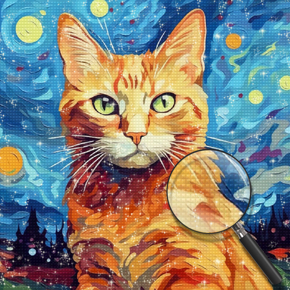 Orangefarbene Katze in der sternenklaren Nacht Diamond Painting