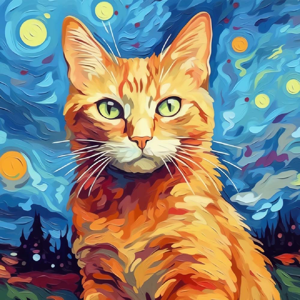 Orangefarbene Katze in der sternenklaren Nacht Diamond Painting