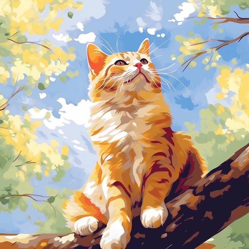 Orangefarbene Katze klettert den Baumstamm hinauf Diamond Painting