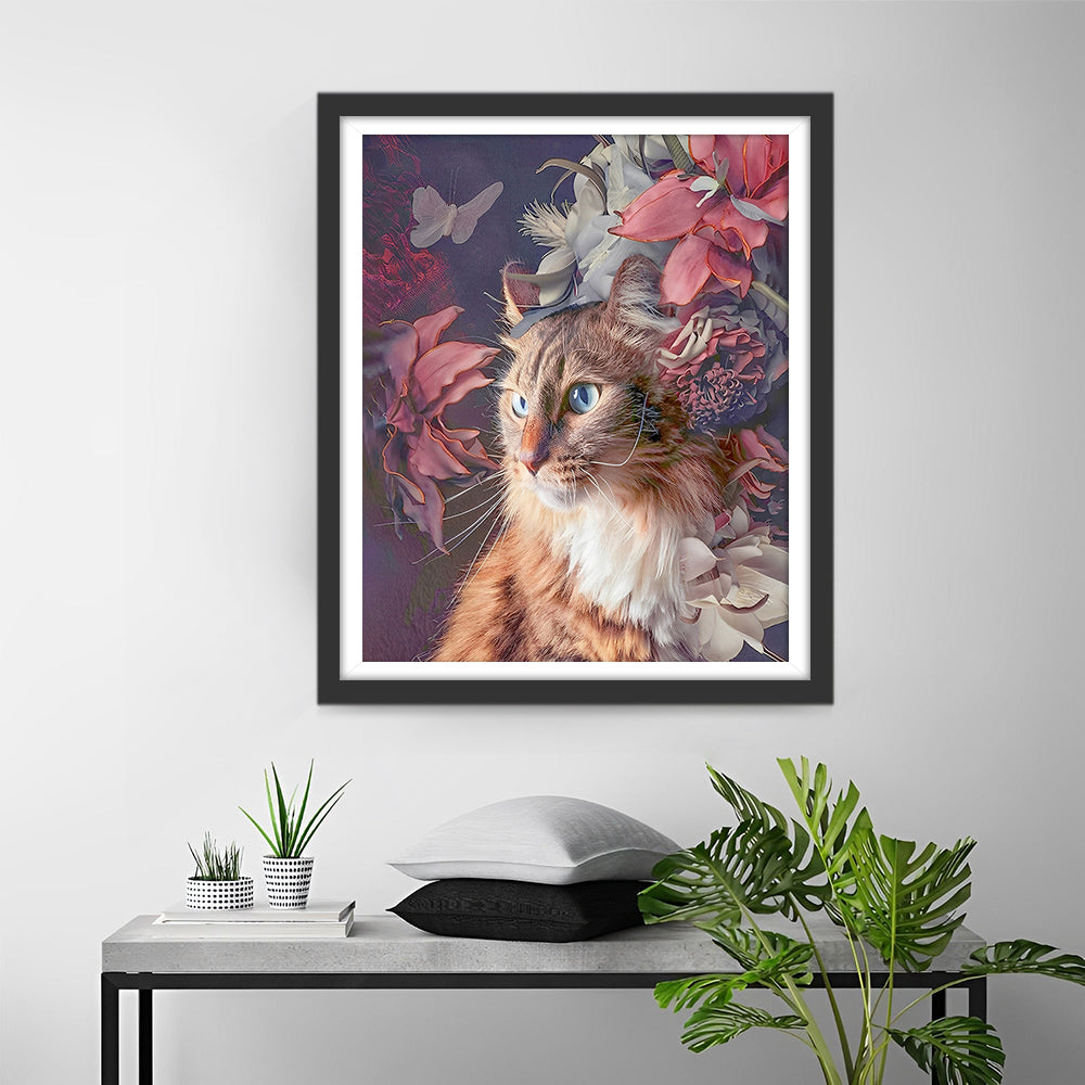 Orangefarbene Katze und Blumen Diamond Painting