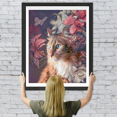 Orangefarbene Katze und Blumen Diamond Painting
