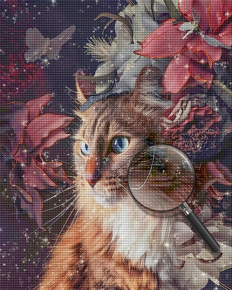 Orangefarbene Katze und Blumen Diamond Painting