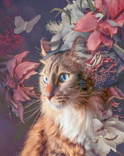 Orangefarbene Katze und Blumen Diamond Painting