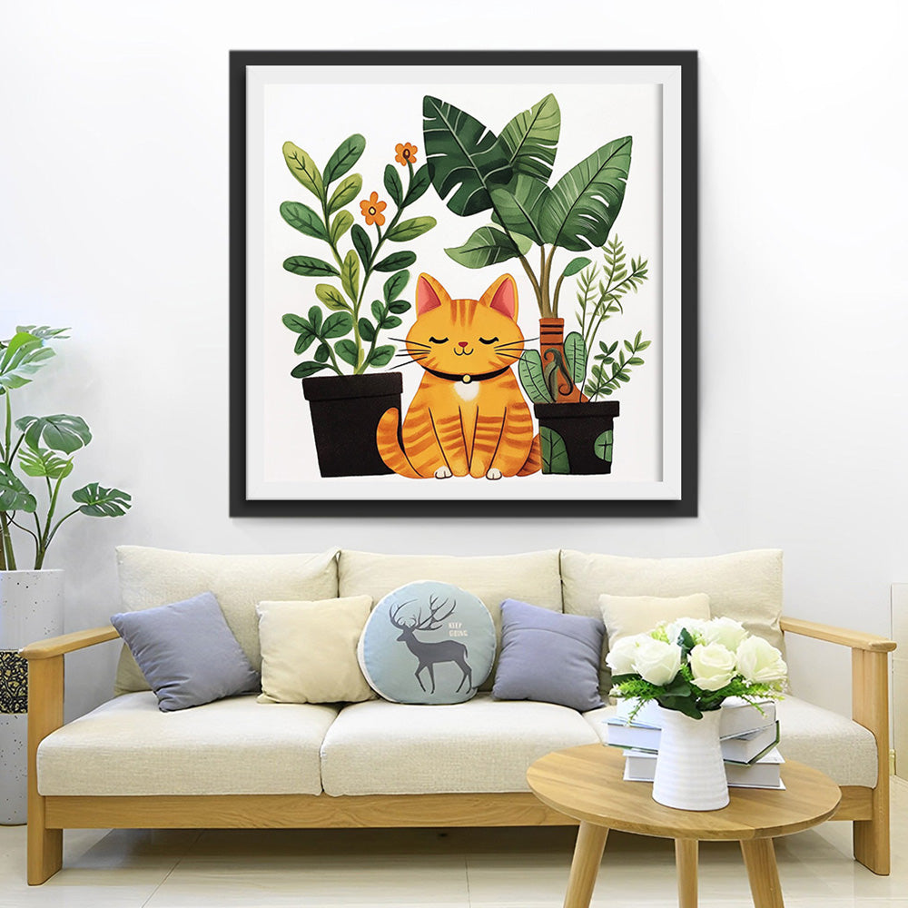 Orangefarbene Katze und Topfpflanzen Diamond Painting