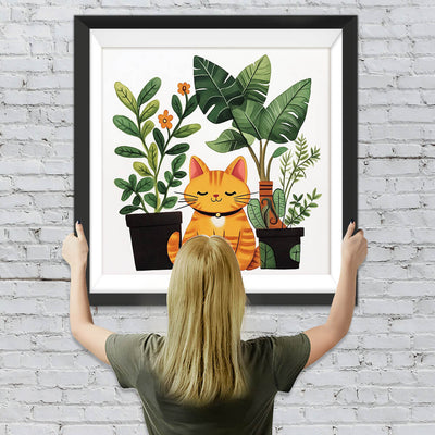 Orangefarbene Katze und Topfpflanzen Diamond Painting