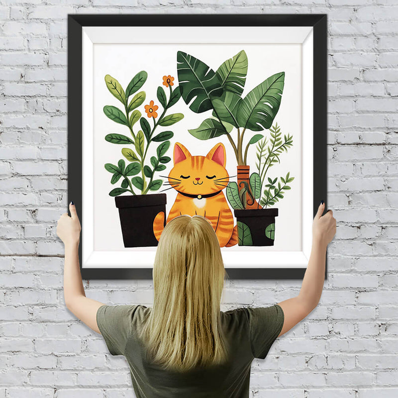 Orangefarbene Katze und Topfpflanzen Diamond Painting