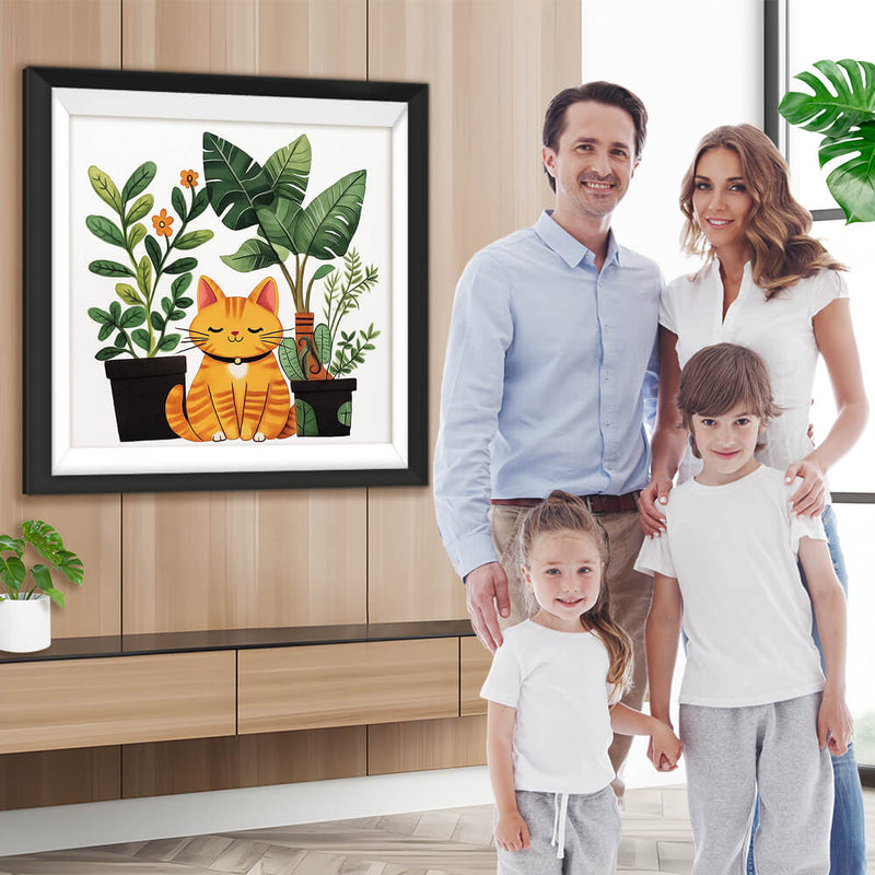 Orangefarbene Katze und Topfpflanzen Diamond Painting
