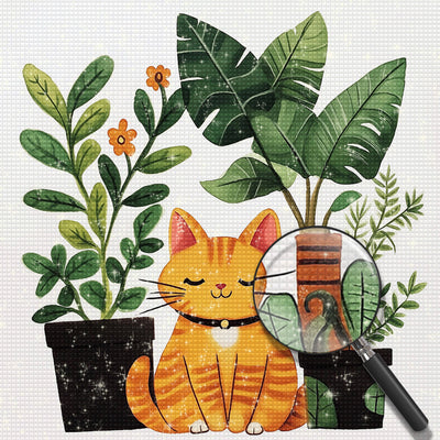 Orangefarbene Katze und Topfpflanzen Diamond Painting