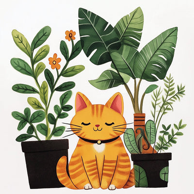 Orangefarbene Katze und Topfpflanzen Diamond Painting