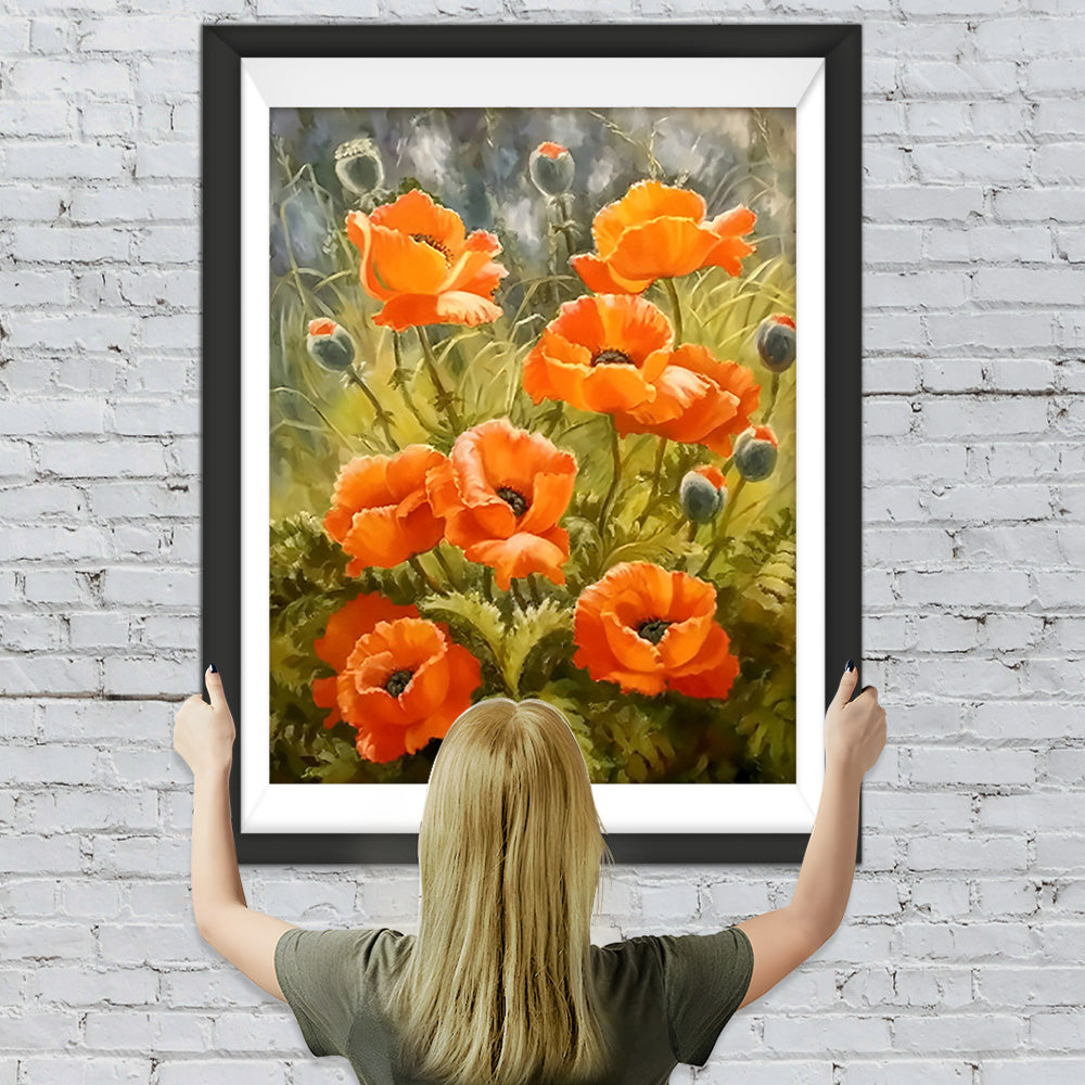 Orangefarbene Mohnblumen und Knospen Diamond Painting