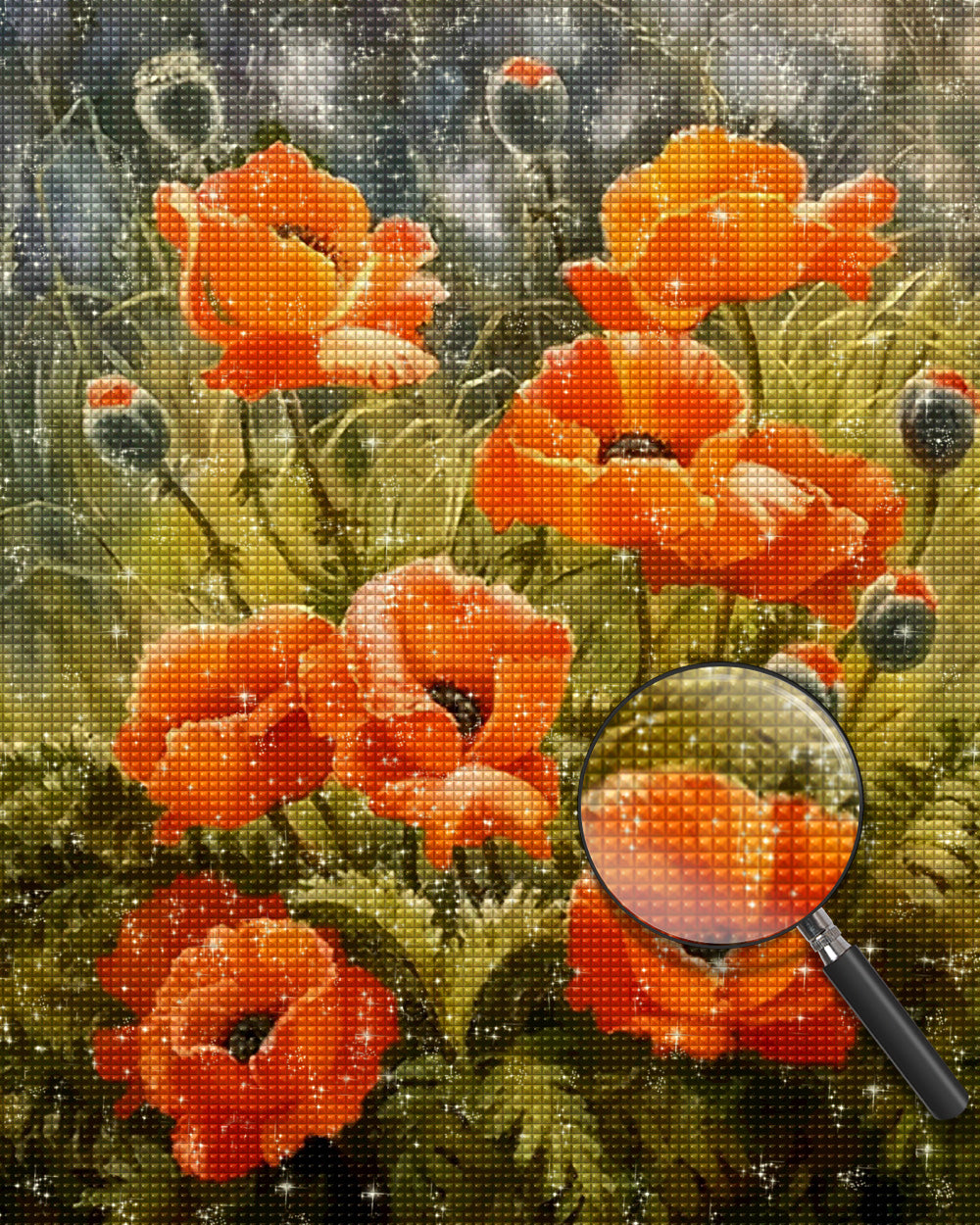 Orangefarbene Mohnblumen und Knospen Diamond Painting