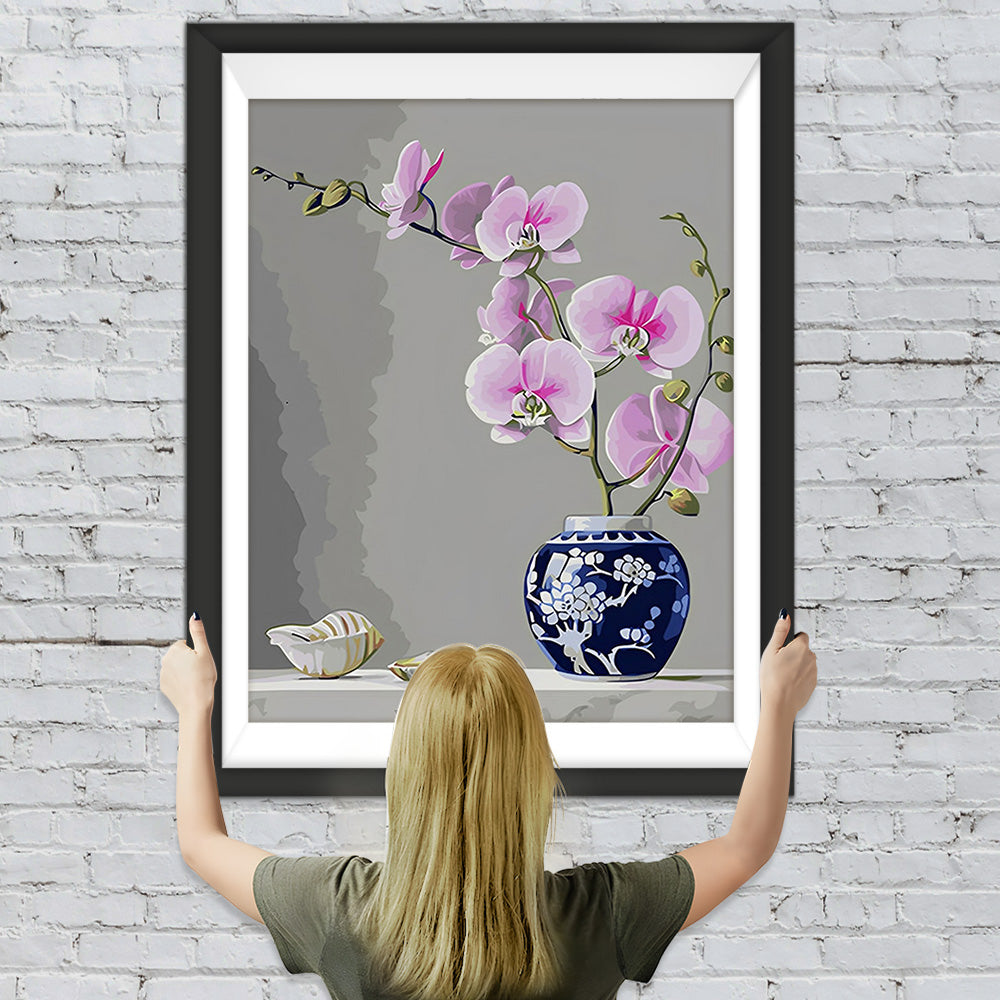 Orchidee in blau-weißer Porzellanvase Diamond Painting