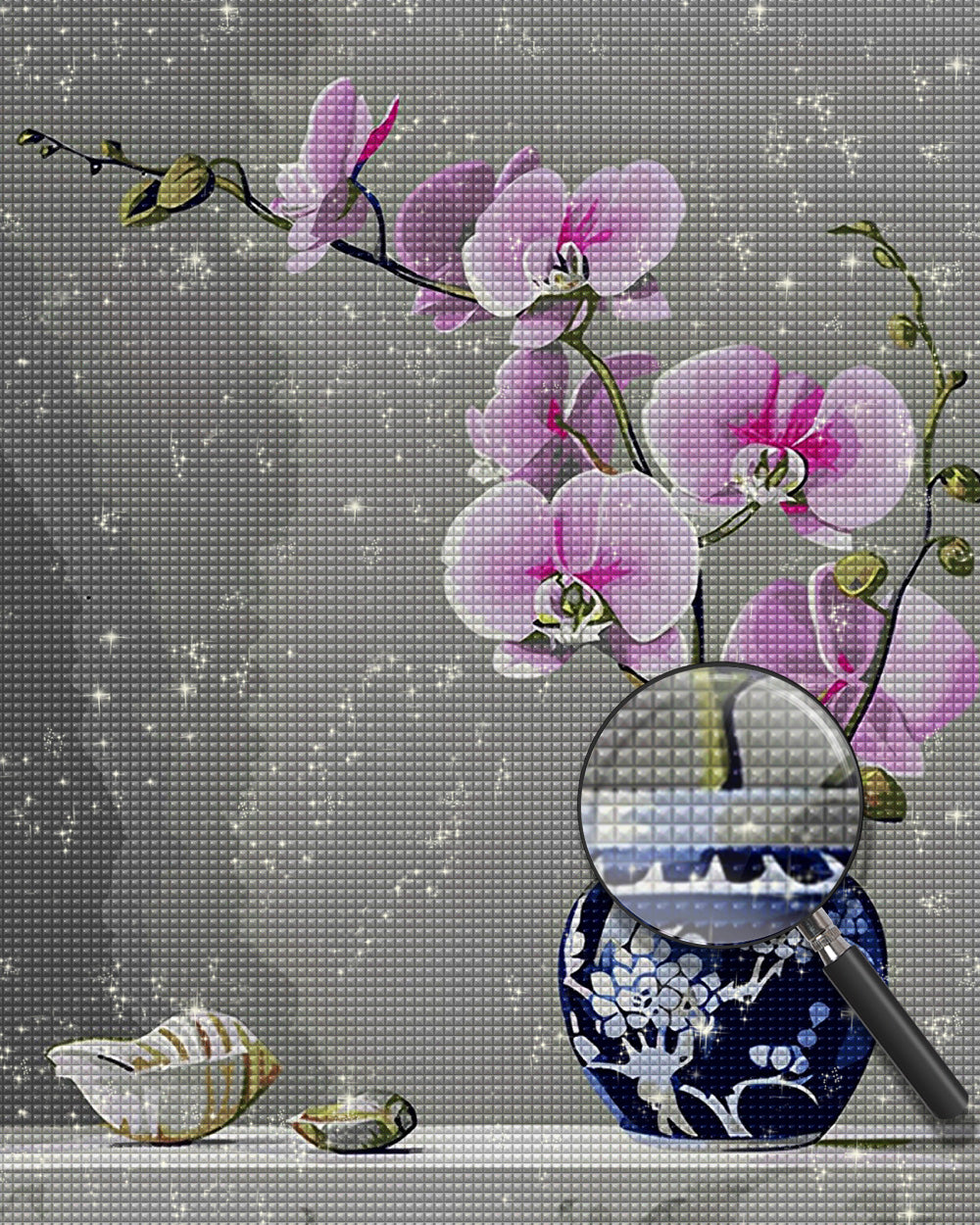 Orchidee in blau-weißer Porzellanvase Diamond Painting