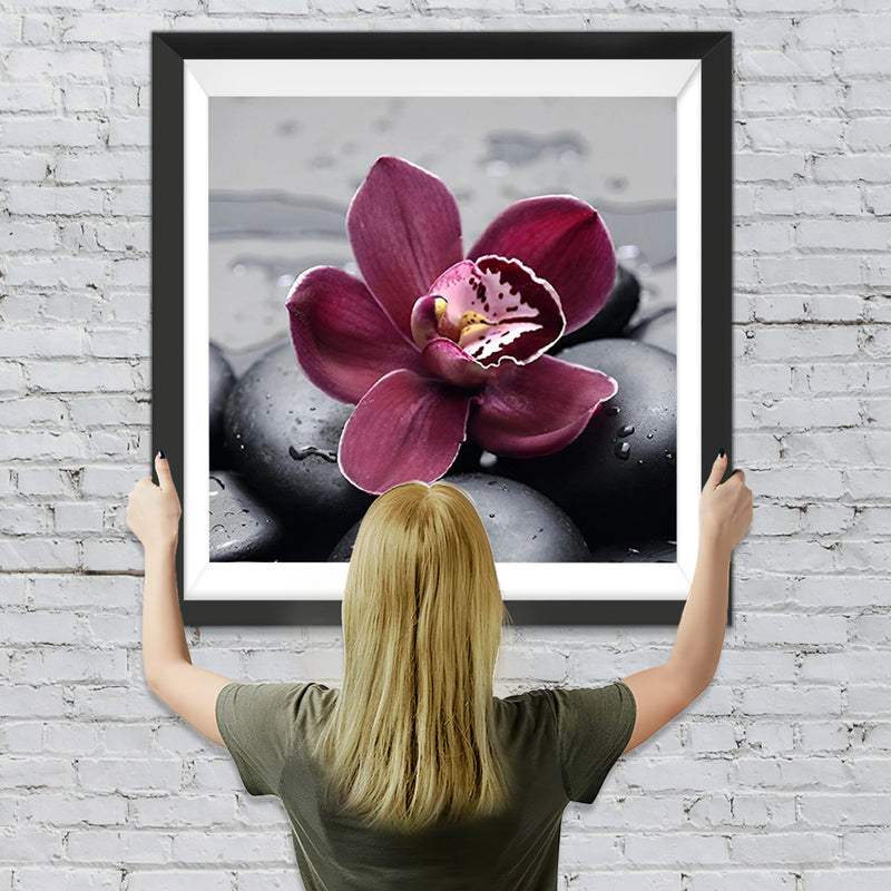 Orchideen und schwarze Kieselsteine Diamond Painting