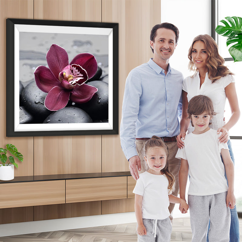 Orchideen und schwarze Kieselsteine Diamond Painting