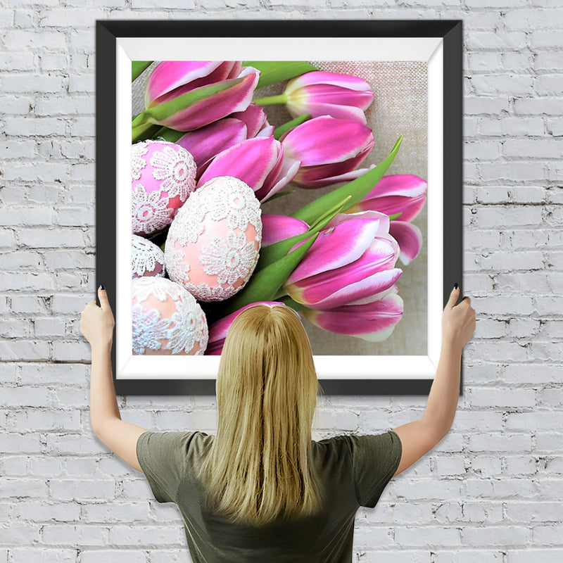 Ostereier und rosa Tulpen Diamond Painting