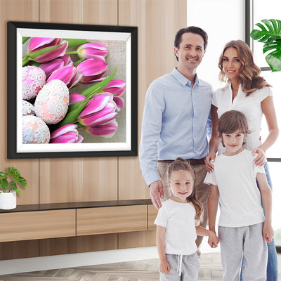 Ostereier und rosa Tulpen Diamond Painting