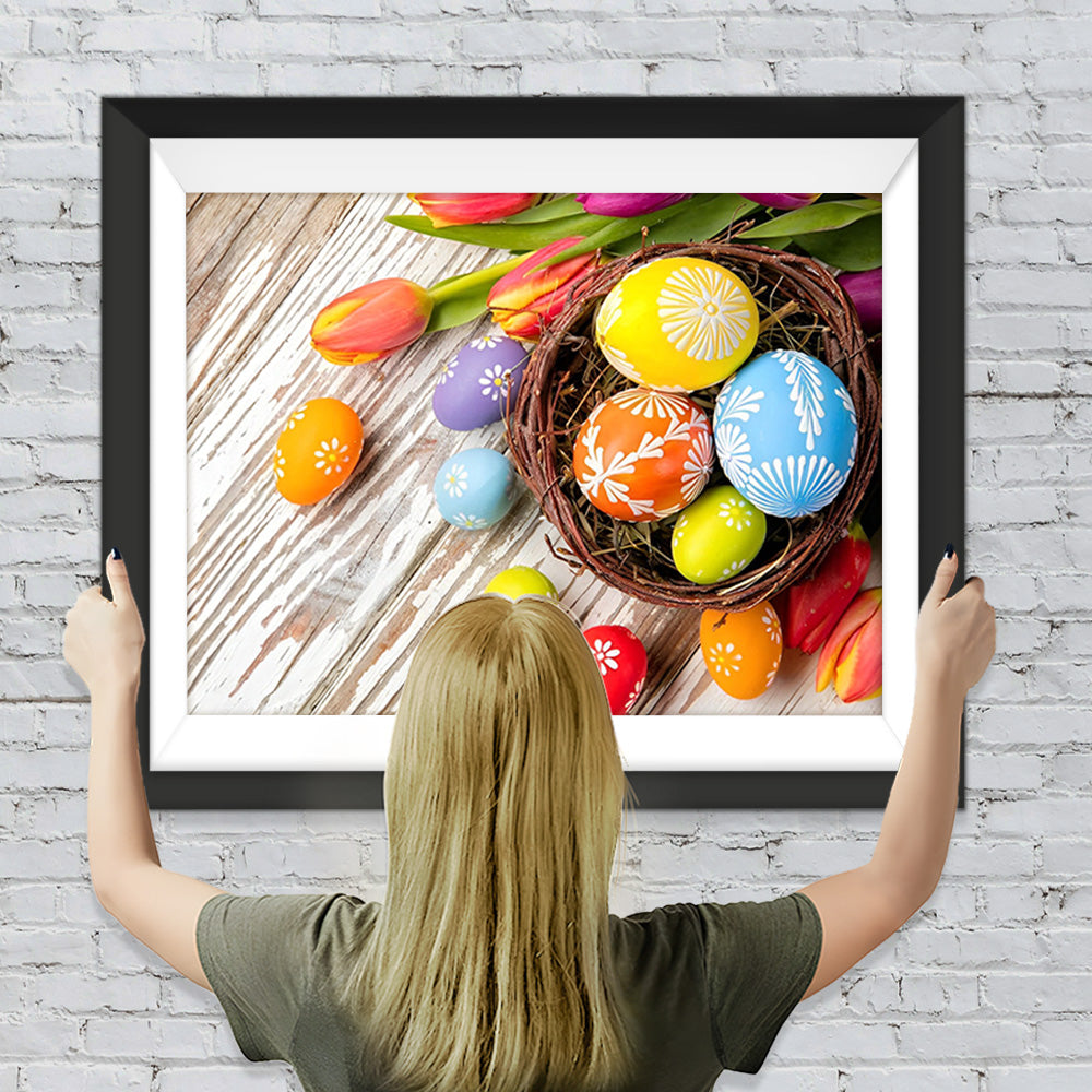 Ostereier und Tulpen auf dem Boden Diamond Painting