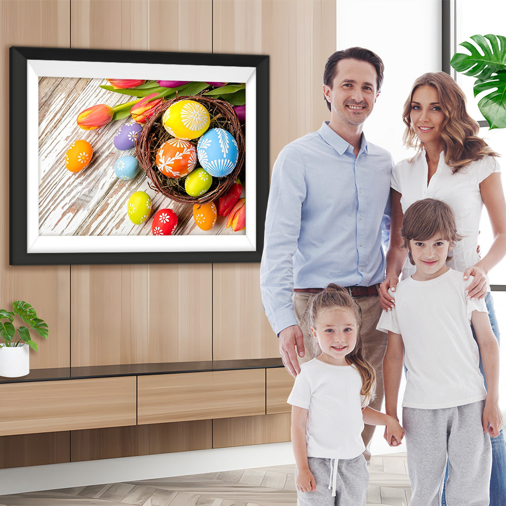 Ostereier und Tulpen auf dem Boden Diamond Painting