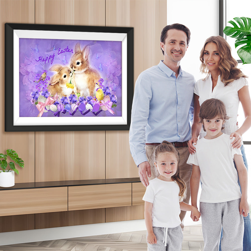 Osterhasen und lila Blumen Diamond Painting
