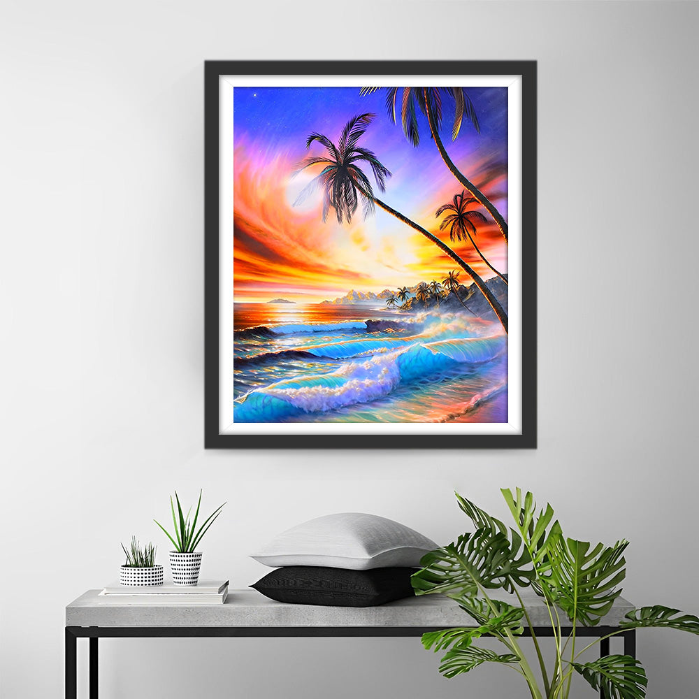 Palmen und Meer bei Sonnenuntergang Diamond Painting