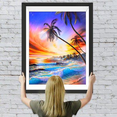 Palmen und Meer bei Sonnenuntergang Diamond Painting