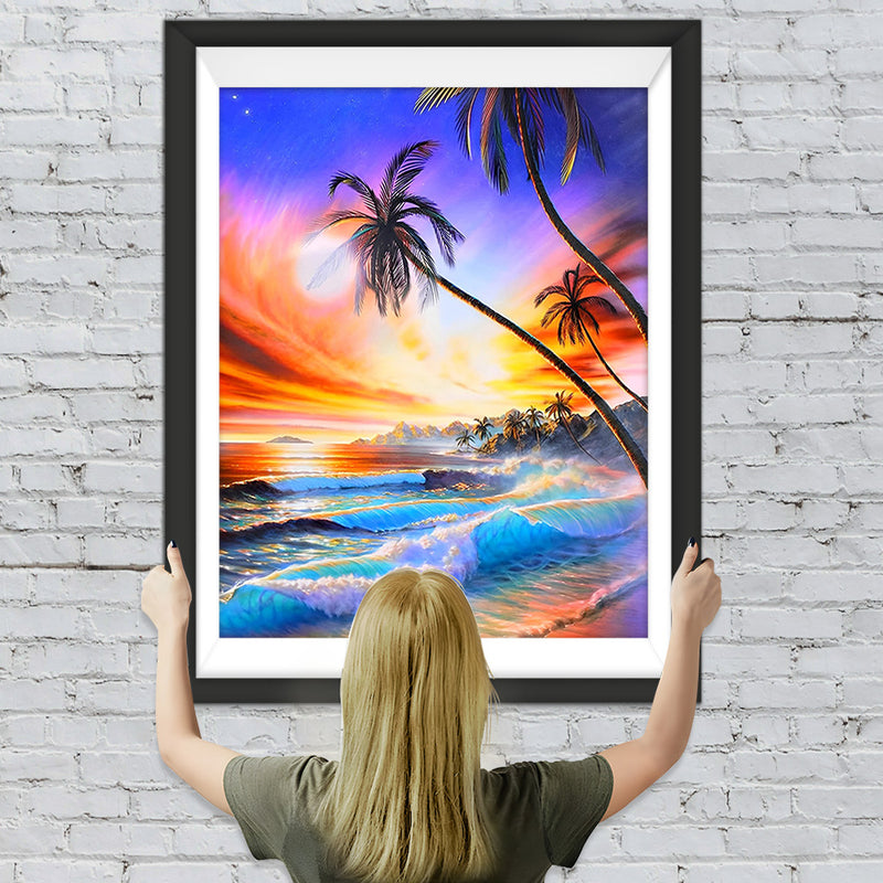 Palmen und Meer bei Sonnenuntergang Diamond Painting