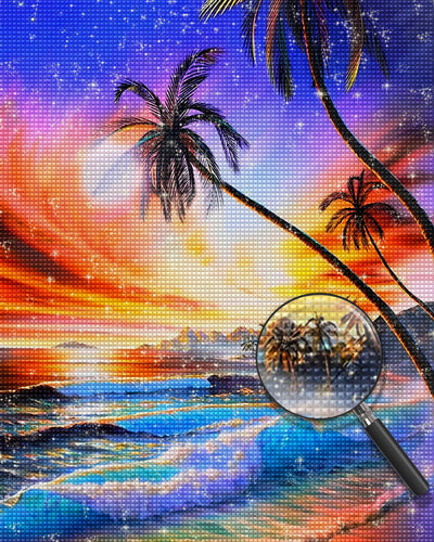 Palmen und Meer bei Sonnenuntergang Diamond Painting