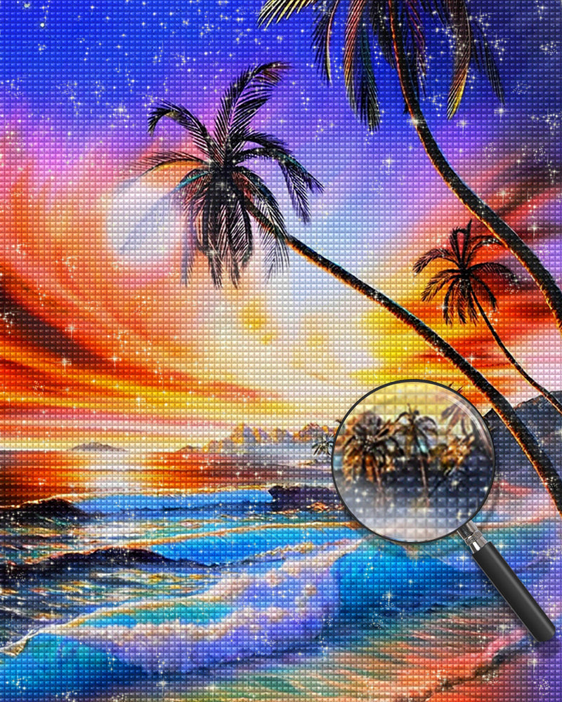Palmen und Meer bei Sonnenuntergang Diamond Painting