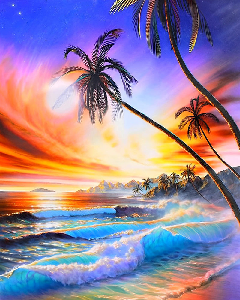 Palmen und Meer bei Sonnenuntergang Diamond Painting