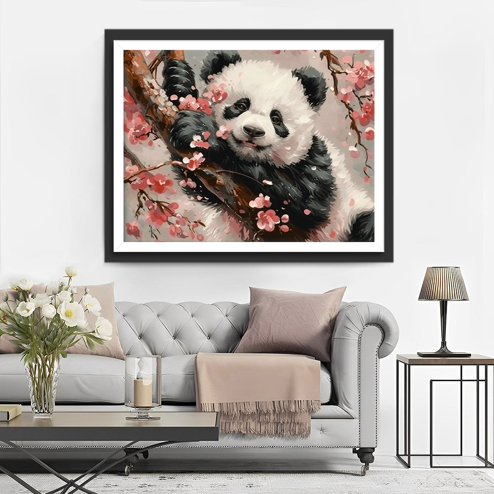 Panda auf einem rosa Blumenbaum Diamond Painting