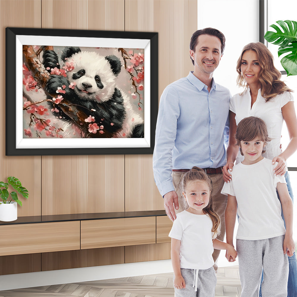 Panda auf einem rosa Blumenbaum Diamond Painting
