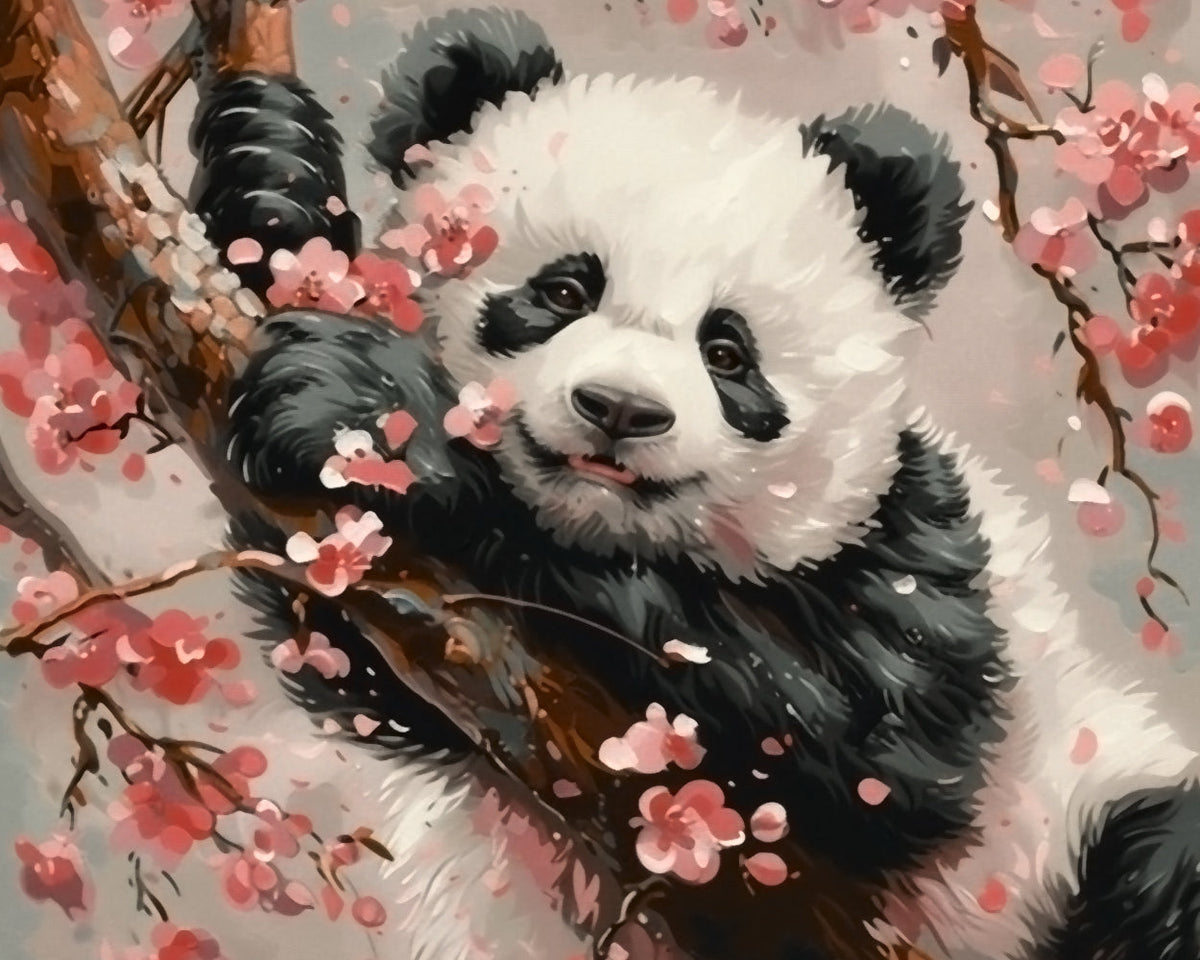 Panda auf einem rosa Blumenbaum Diamond Painting