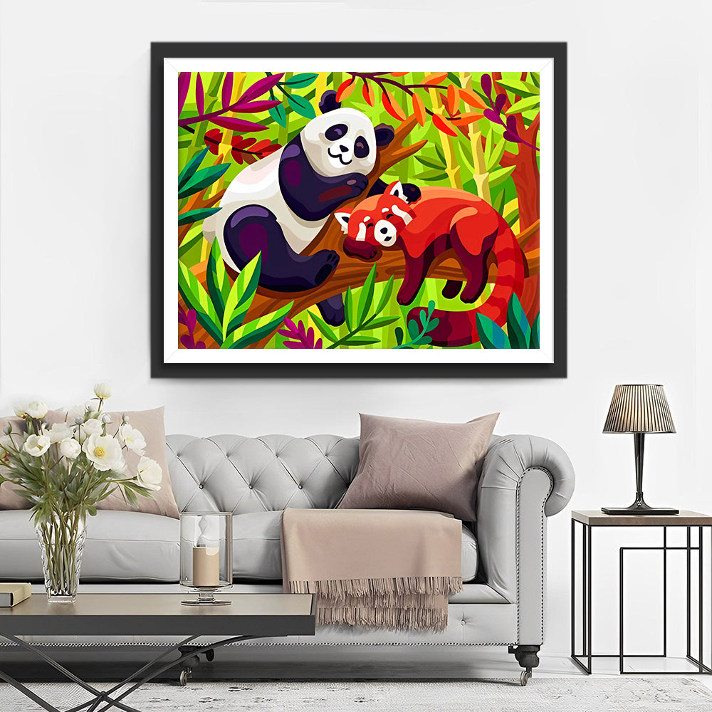 Panda und Roter Panda auf dem Ast Diamond Painting