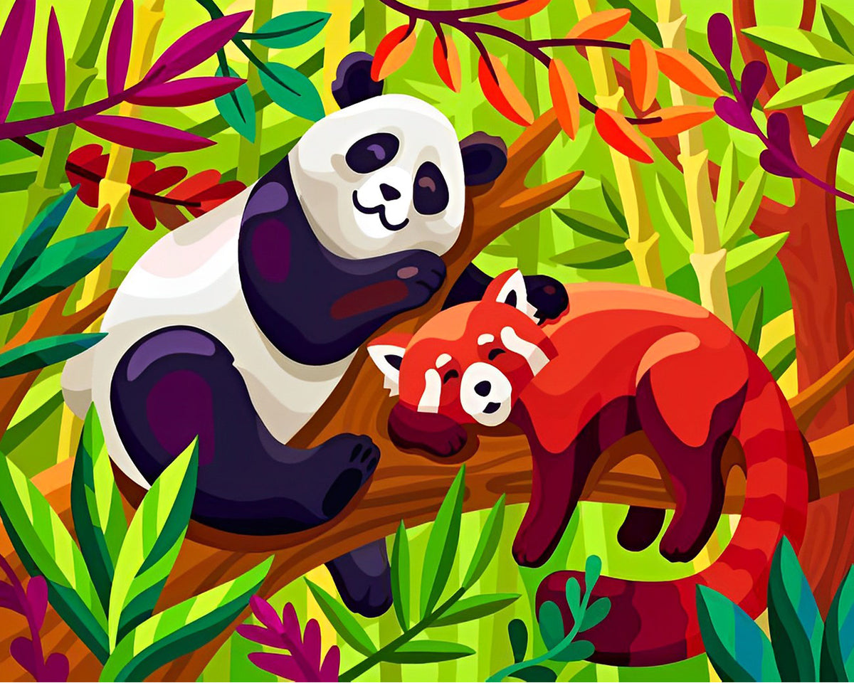 Panda und Roter Panda auf dem Ast Diamond Painting
