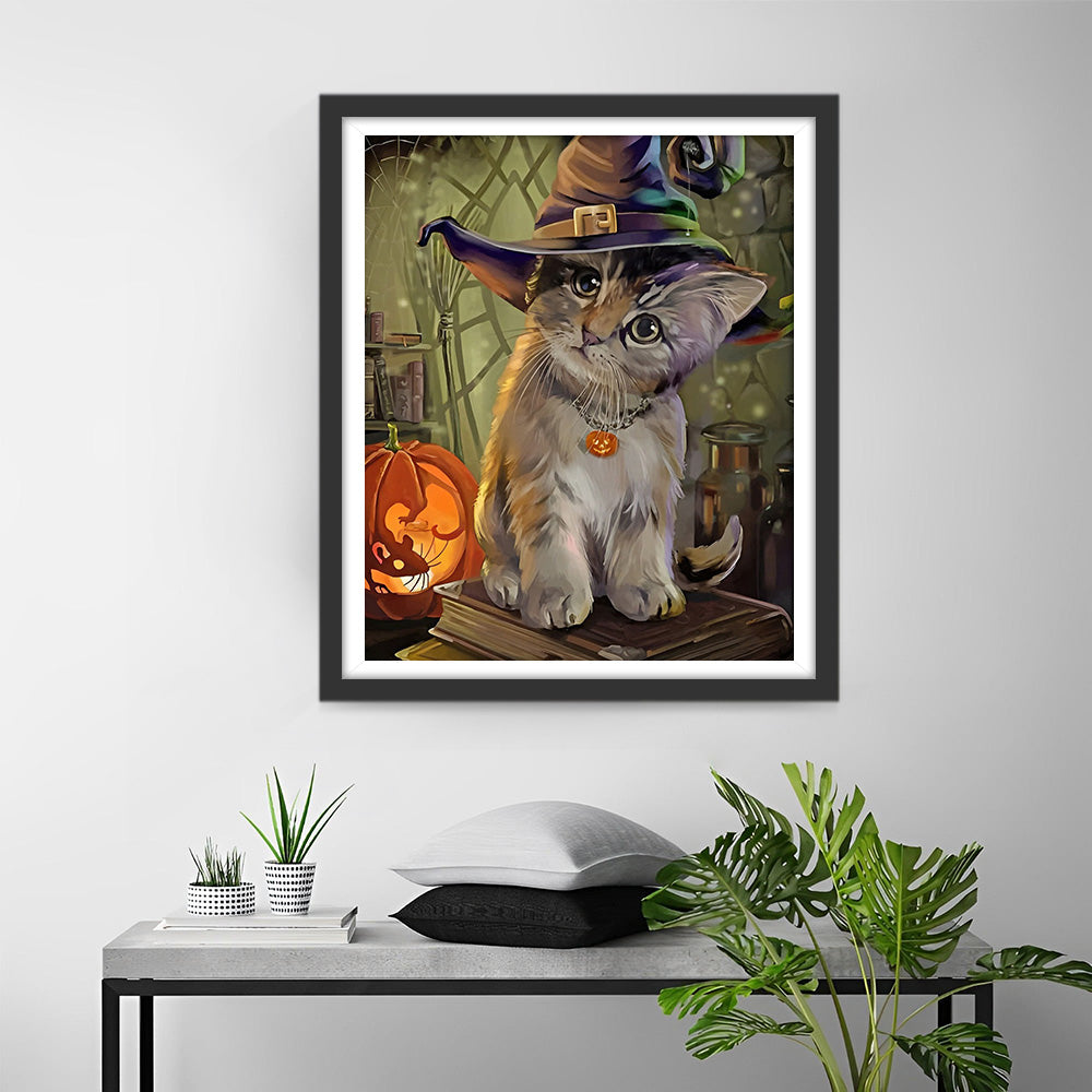 Papierschneiden Katze mit Hexenhut an Halloween Diamond Painting