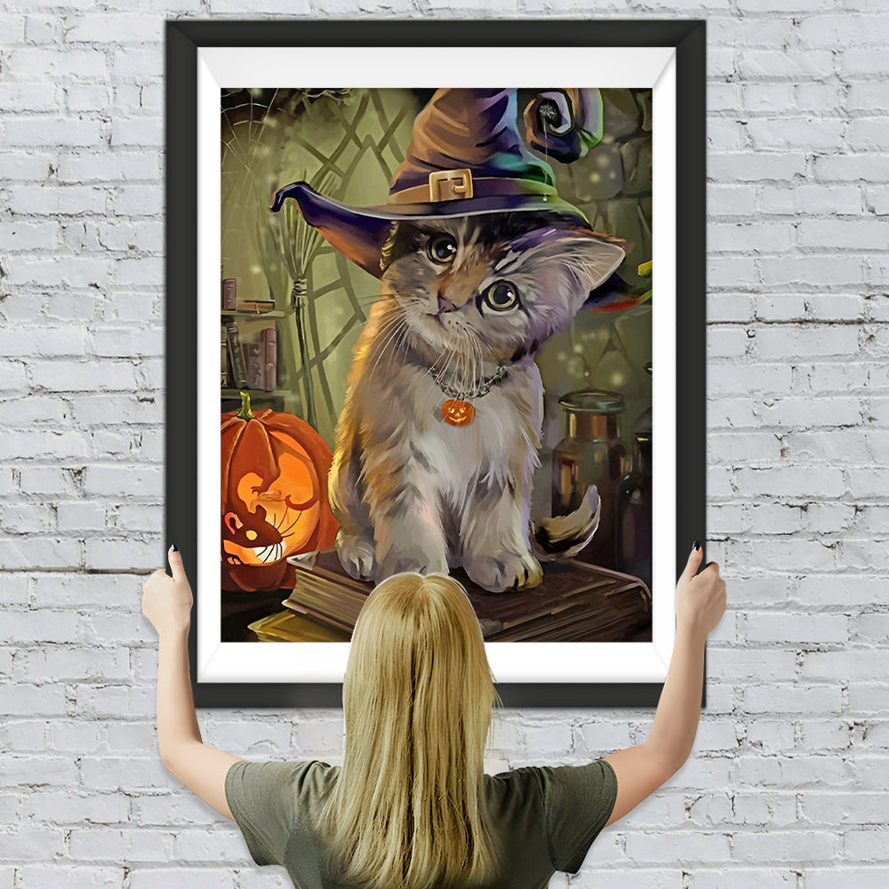 Papierschneiden Katze mit Hexenhut an Halloween Diamond Painting