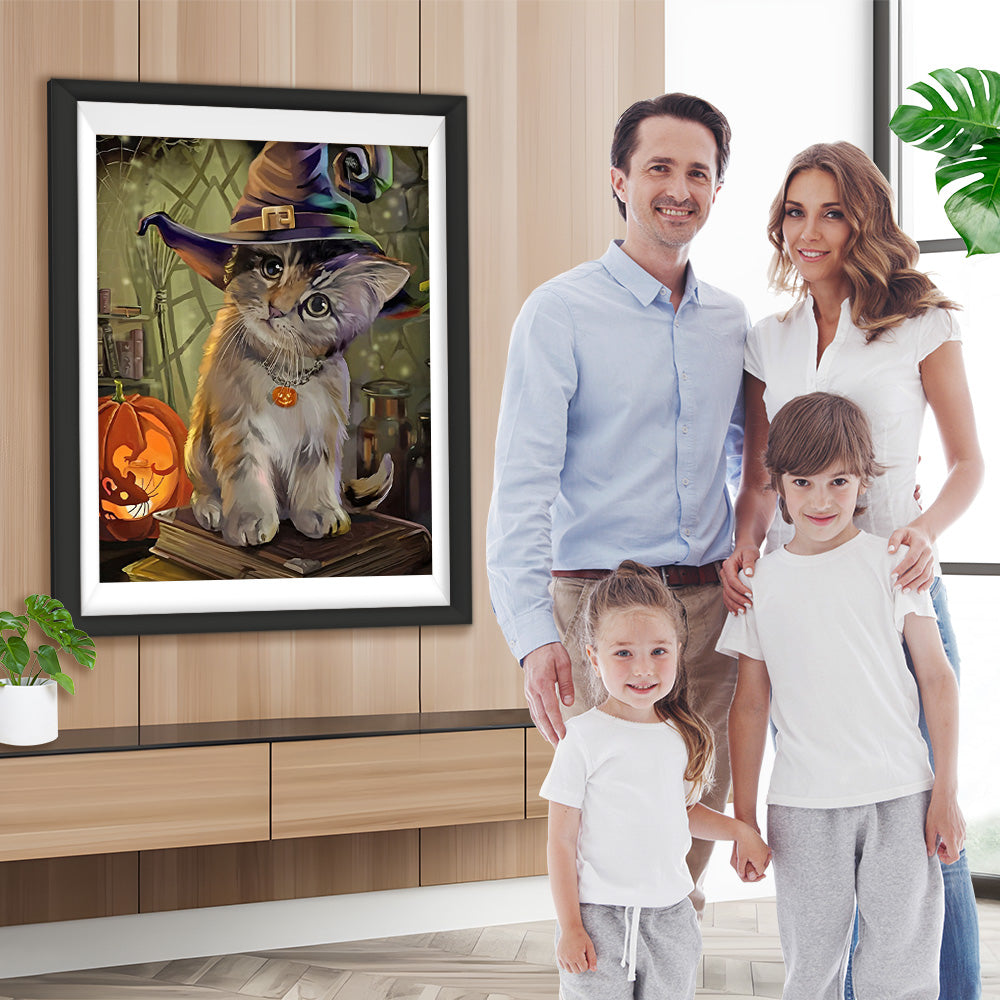 Papierschneiden Katze mit Hexenhut an Halloween Diamond Painting