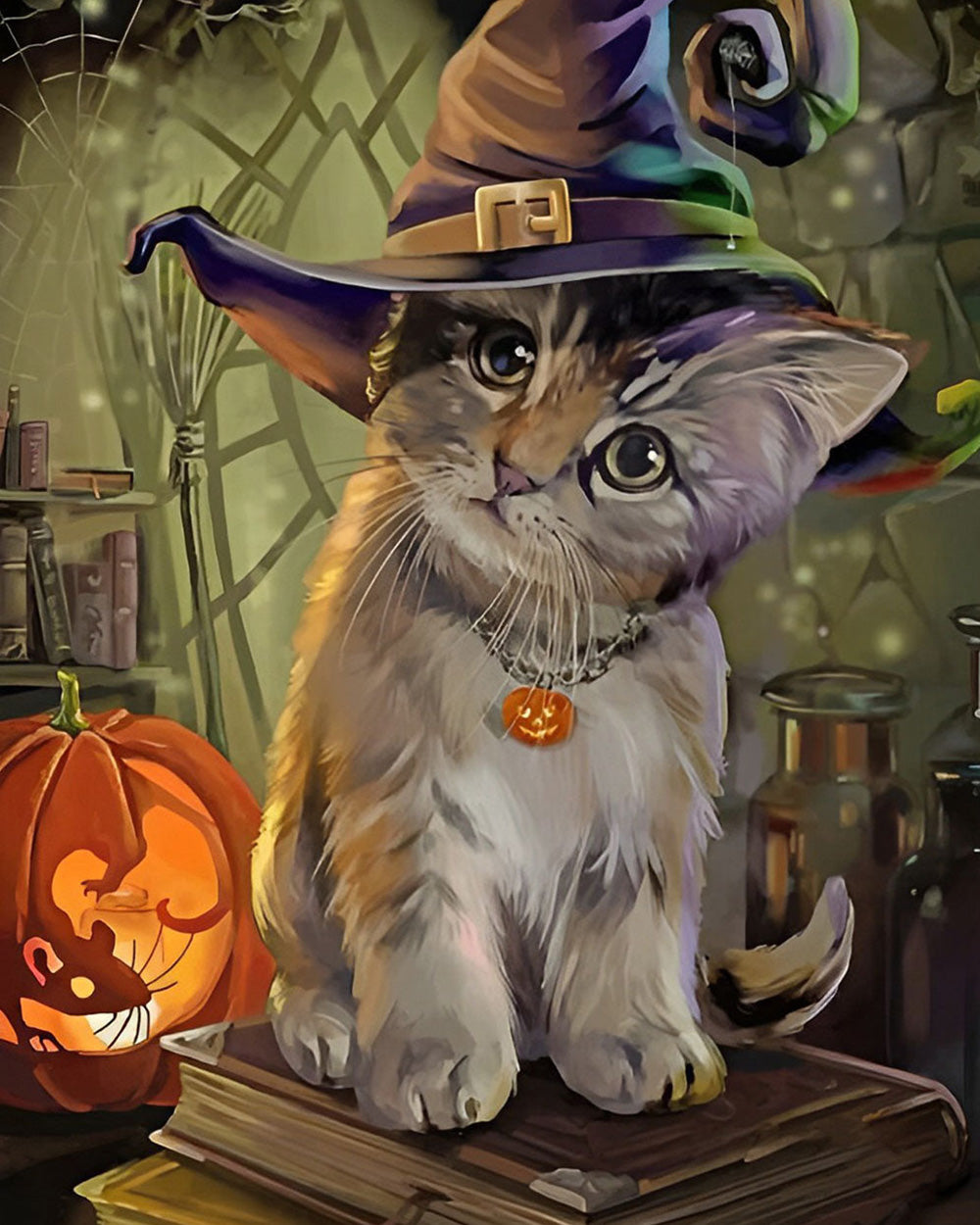 Papierschneiden Katze mit Hexenhut an Halloween Diamond Painting