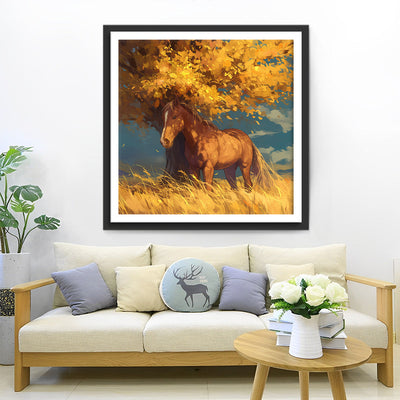 Pferd unter dem Baum im Herbst Diamond Painting