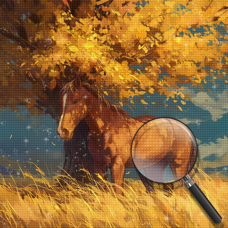 Pferd unter dem Baum im Herbst Diamond Painting