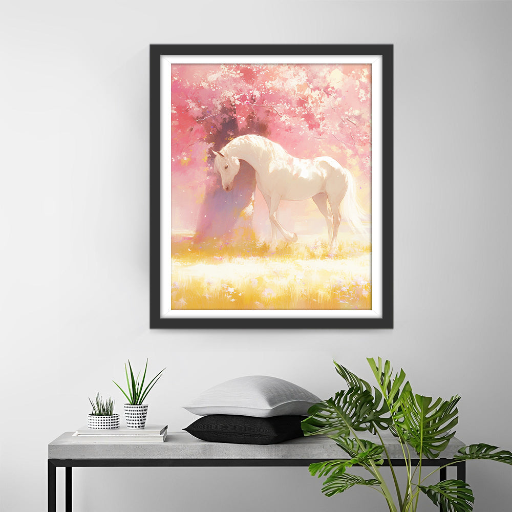 Pferd unter dem Baum mit Blumen Diamond Painting