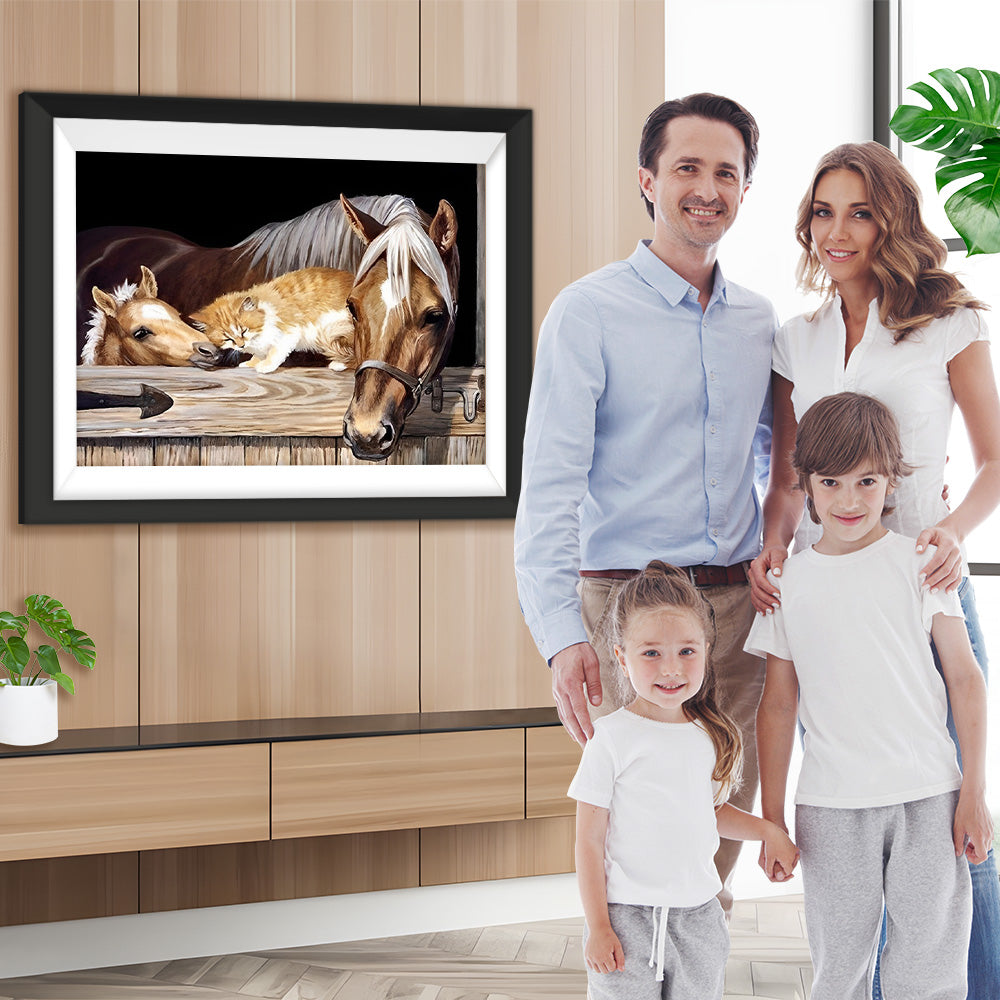 Pferde und Katze im Stall Diamond Painting