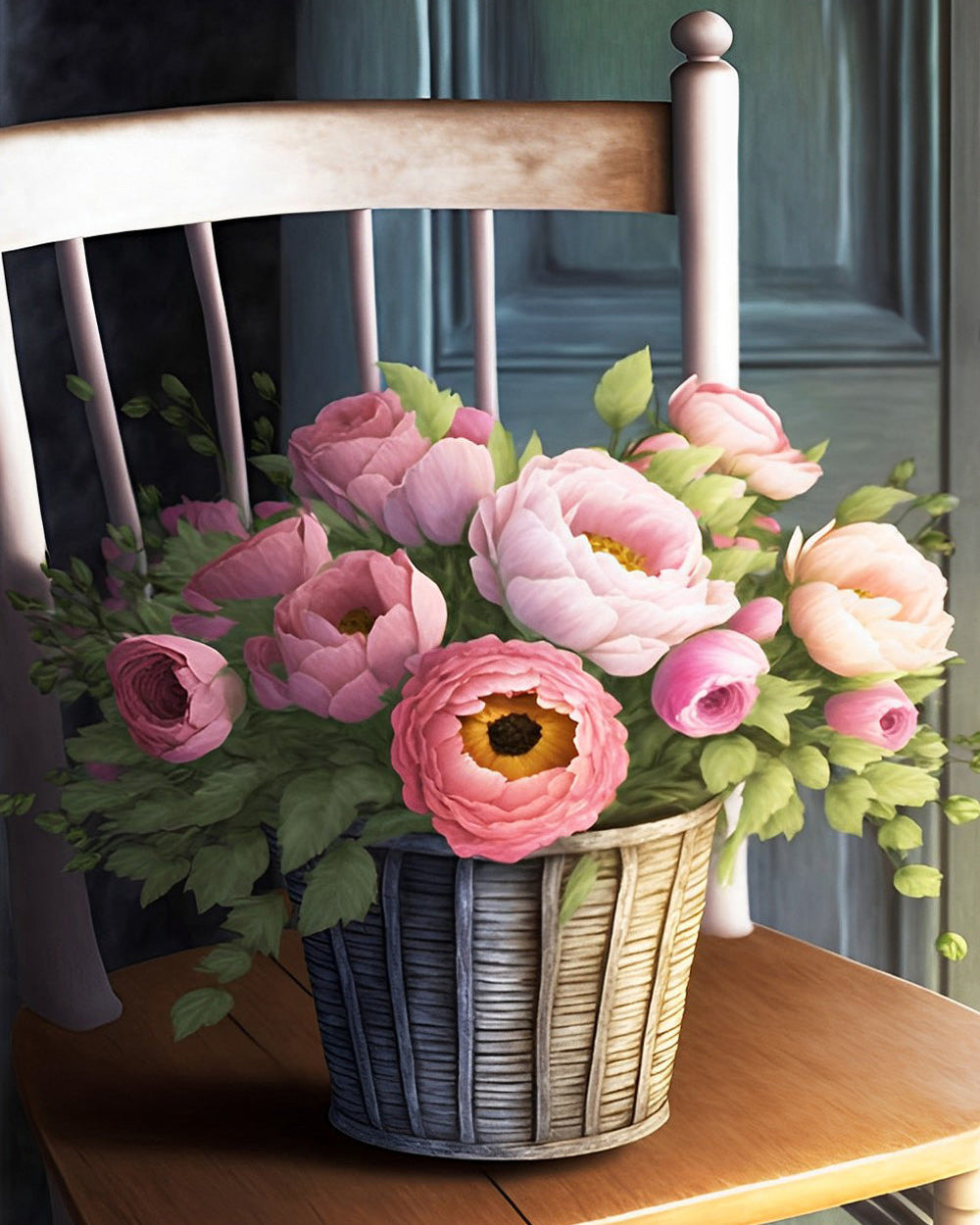 Pfingstrosen auf einem Stuhl Diamond Painting