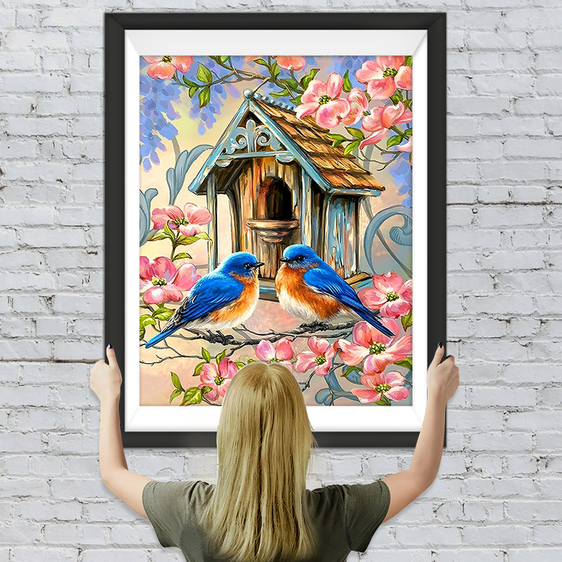 Pfirsichblüten, Vögel und Vogelhaus Diamond Painting