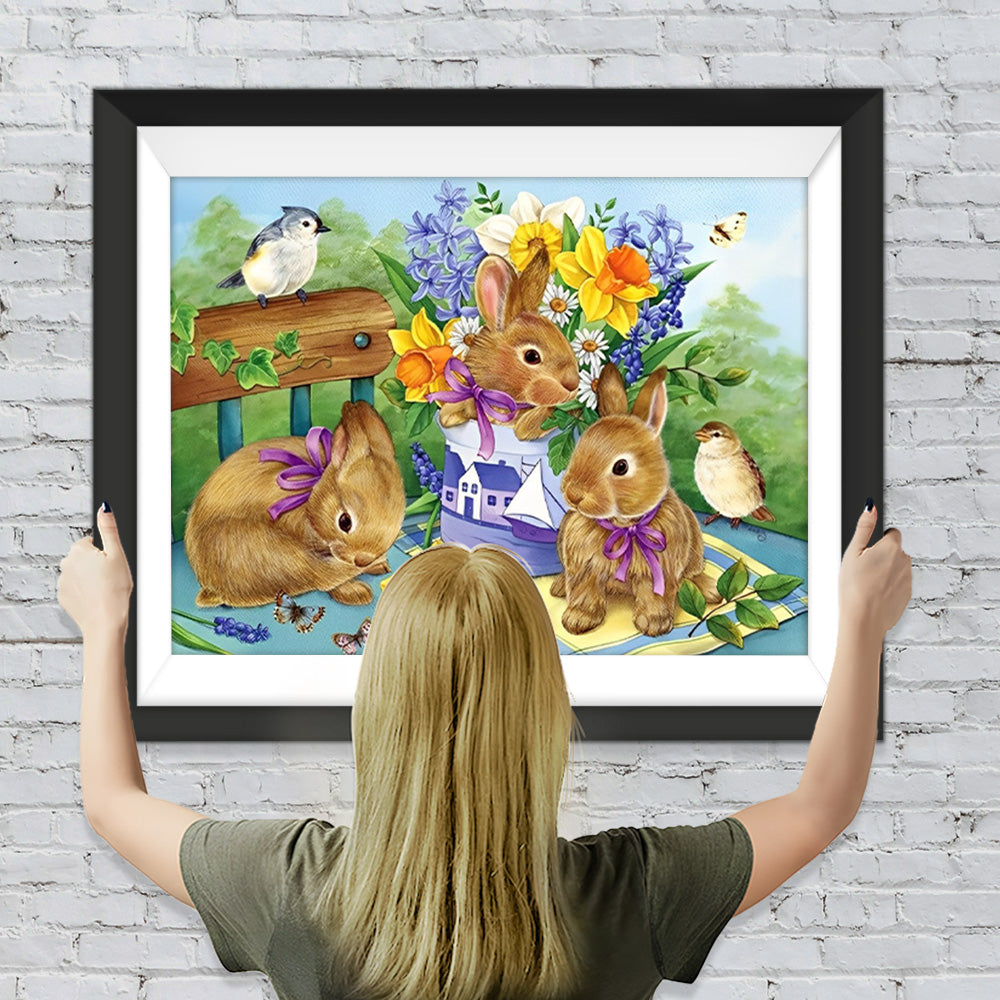 Picknick Hasen Blumen Diamond Painting