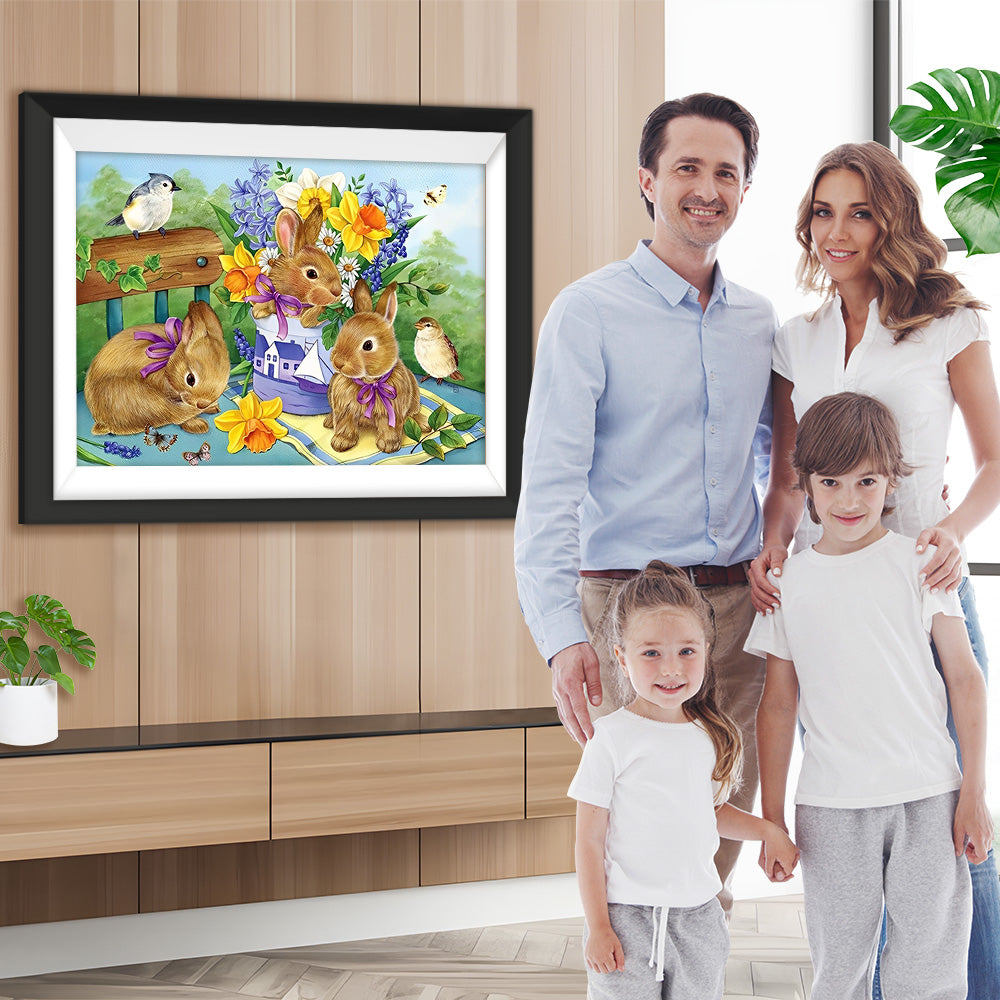 Picknick Hasen Blumen Diamond Painting